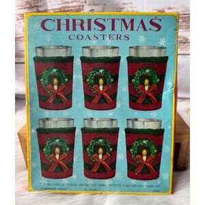 Vintage Set of 6 Christmas Coasters/Cup Coozies Red and Green w Wreath + Candle